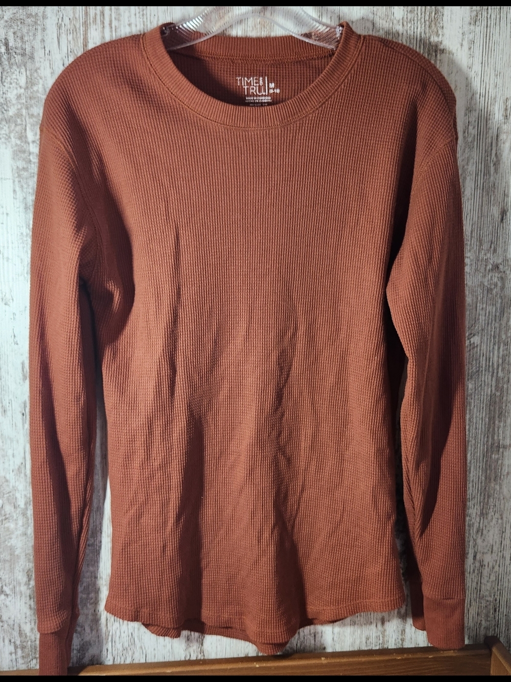 Time and Tru Rust Brown Waffle Knit Long Sleeve Thermal Type Tee Layering Vibes